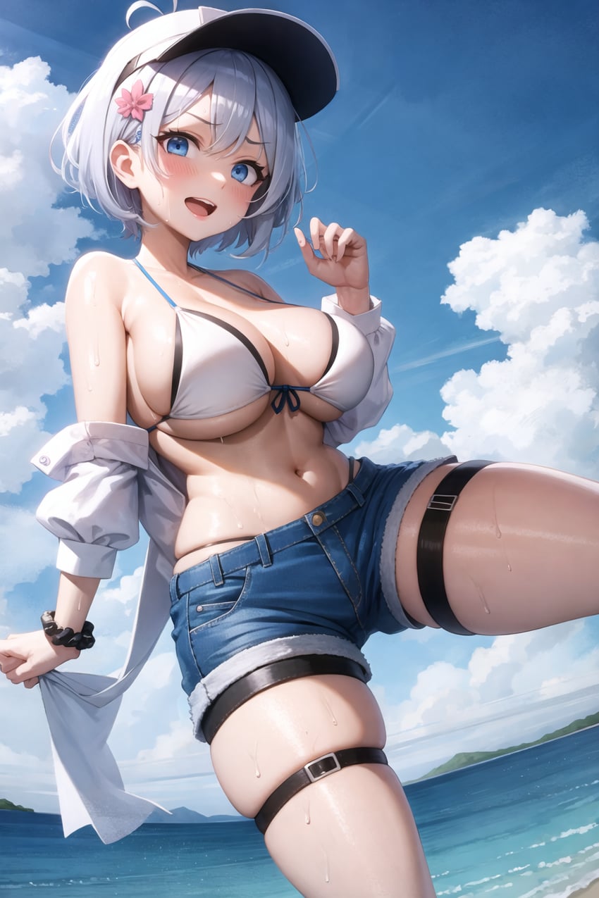 1girl, antenna_hair, bikini, blue_eyes, breasts, denim, denim_shorts, dennou_shoujo_youtuber_siro, dope_inside_concrete, front-tie_top, hair_ornament, highleg, highleg_panties, large_breasts, looking_at_viewer, lora, model_request, navel, open_clothes, open_mouth, open_shirt, outdoors, panties, scrunchie, self-upload, shirt, short_hair, shorts, siro_(dennou_shoujo_youtuber_siro), skindentation, solo, swimsuit, thigh_strap, underwear, virtual_youtuber, white_bikini, white_shirt, wrist_scrunchie