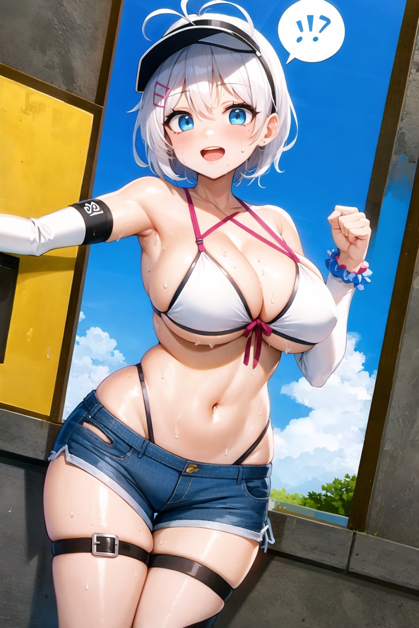 1girl, ?, antenna_hair, bare_shoulders, bikini, blue_eyes, blue_shorts, blue_sky, blush, bracelet, breasts, clear_sky, cleavage, clenched_hand, cloud, collarbone, cowboy_shot, day, denim, denim_shorts, dennou_shoujo_youtuber_siro, detached_sleeves, dope_inside_concrete, front-tie_top, hair_ornament, hairclip, highleg, highleg_bikini, jewelry, large_breasts, long_sleeves, looking_at_viewer, lora, model_request, navel, ocean, open_mouth, outdoors, scrunchie, self-upload, short_hair, short_shorts, shorts, sidelocks, siro_(dennou_shoujo_youtuber_siro), sky, solo, spoken_question_mark, sweat, swimsuit, teeth, thigh_strap, thighlet, tree, upper_teeth_only, virtual_youtuber, visor_cap, white_bikini, white_hair, white_sleeves, window, wrist_scrunchie