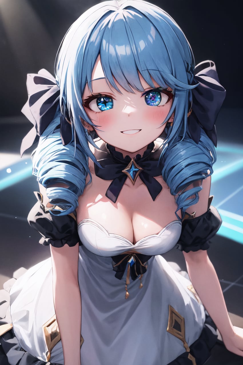 1girl, aojiroi, arm_garter, arms_at_sides, bangs, black_background, black_ribbon, blue_eyes