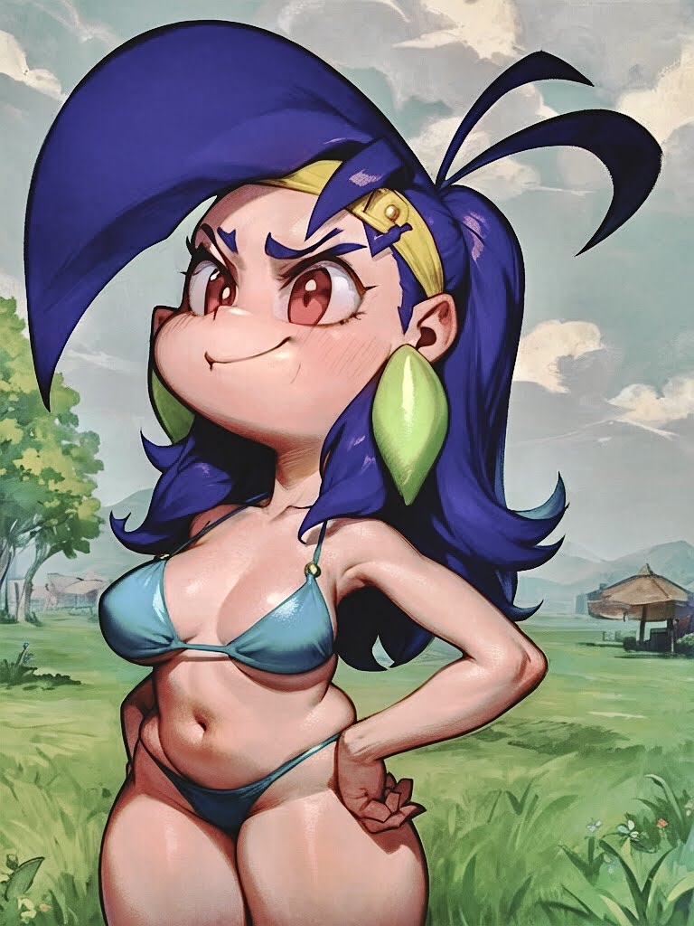 1girl, abyss_orange_mix, ahoge, antenna_hair, bangs, bare_shoulders, bikini, blue_bikini