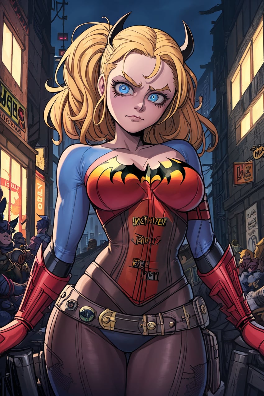 1girl, alternate_costume, batman_(series), belt, blonde_hair, blue_eyes, bodysuit, breasts, building, city, cleavage, cowboy_shot, dc_comics, drawfag, faux_text, gloves, harley_quinn, horns, large_breasts, long_hair, looking_at_viewer, lora, midnight_mix, night, outdoors, pouch, red_gloves, solo_focus, superhero, supervillain, thick_thighs, thighs, twintails