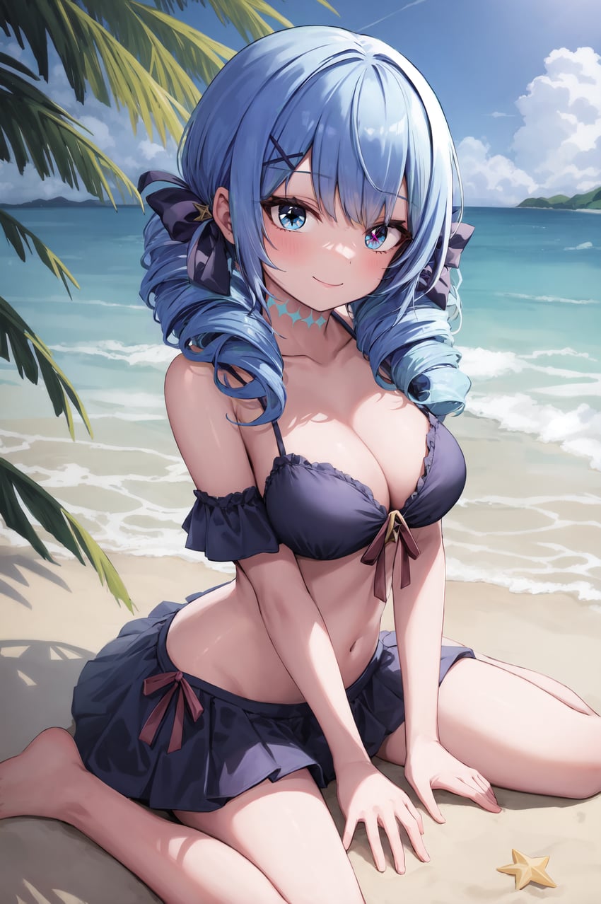 1girl, aojiroi, bangs, bare_shoulders, barefoot, beach, bikini, black_bow, blue_eyes, bow, breasts, cleavage, collarbone, day, drill_hair, gwen_(league_of_legends), hair_bow, hair_ornament, highres, large_breasts, league_of_legends, long_hair, looking_at_viewer, metadata_request, model_request, navel, ocean, outdoors, palm_tree, sand, shiny, smile, solo, swimsuit, tree, twin_drills