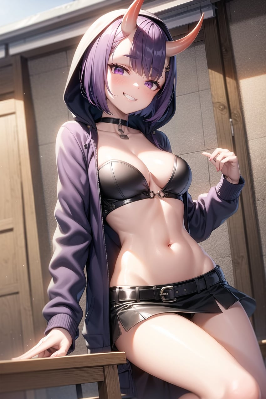 1girl, bad_id, bad_pixiv_id, belt, black_choker, black_jacket, black_shirt, black_skirt