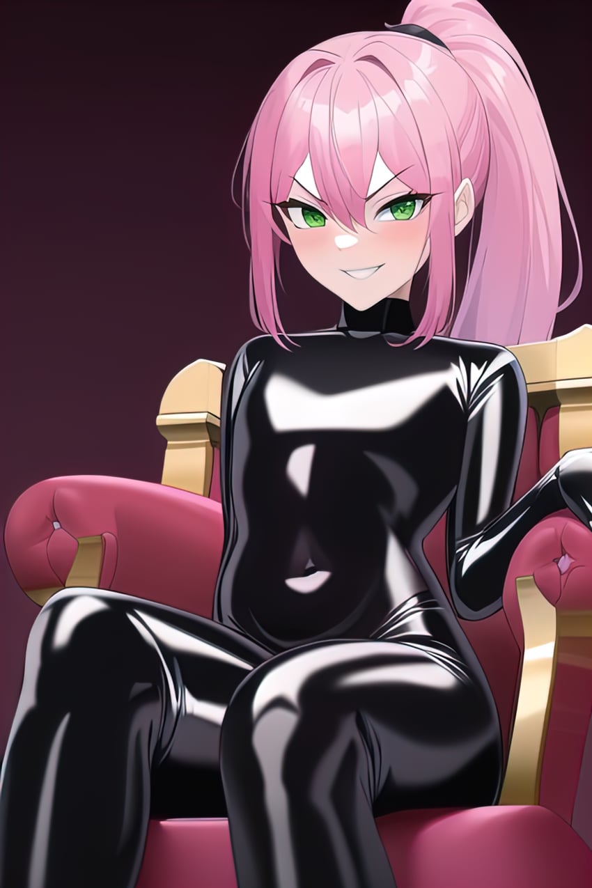 1girl, absurdres, arumi, black_bodysuit, bodysuit, breasts, chair, covered_navel