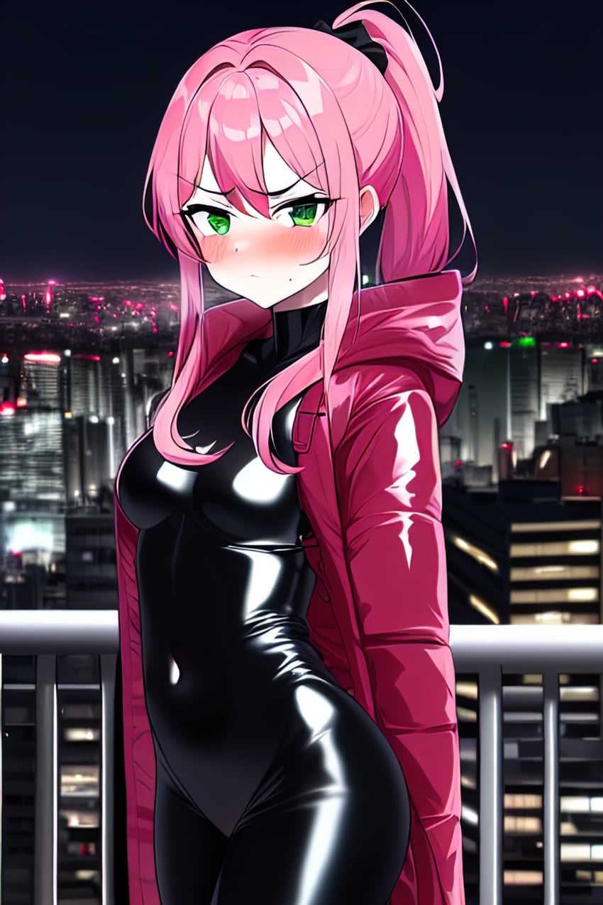 1girl, absurdres, arumi, black_bodysuit, black_scrunchie, blush, bodysuit, breasts