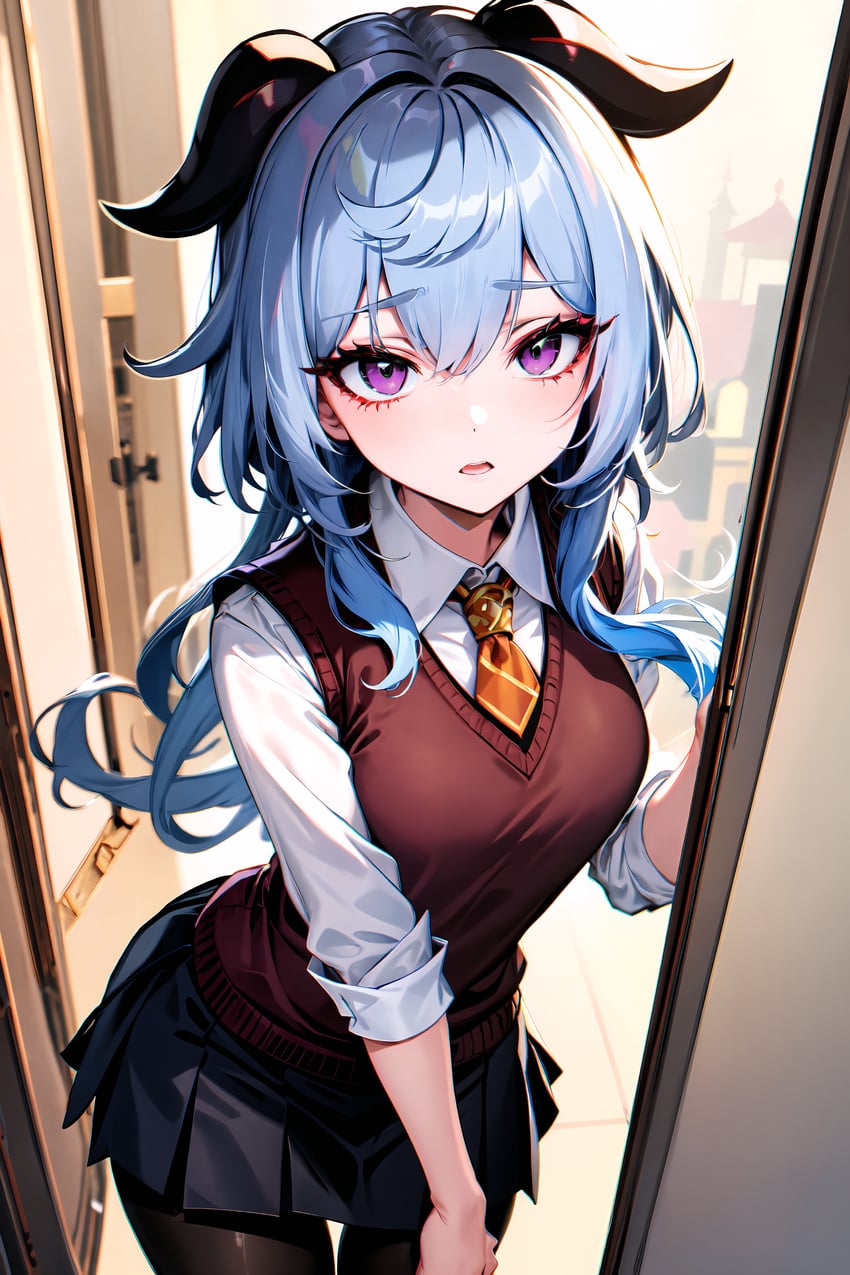 1girl, absurdres, ahoge, alternate_costume, bangs, black_pantyhose, black_skirt, blue_hair