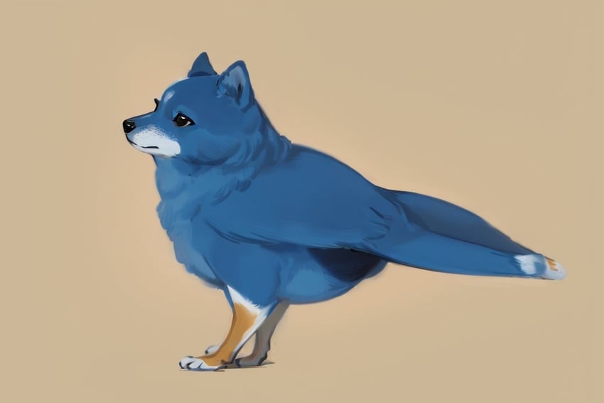 animal, animal_focus, bad_id, bad_twitter_id, bird, black_eyes, blue_bird, closed_mouth, commentary_request, dog, from_side, full_body, fusion, japanese_commentary, metadata_request, model_request, ninekey, no_humans, original, simple_background, solo, standing, tachi-e, tan_background, what