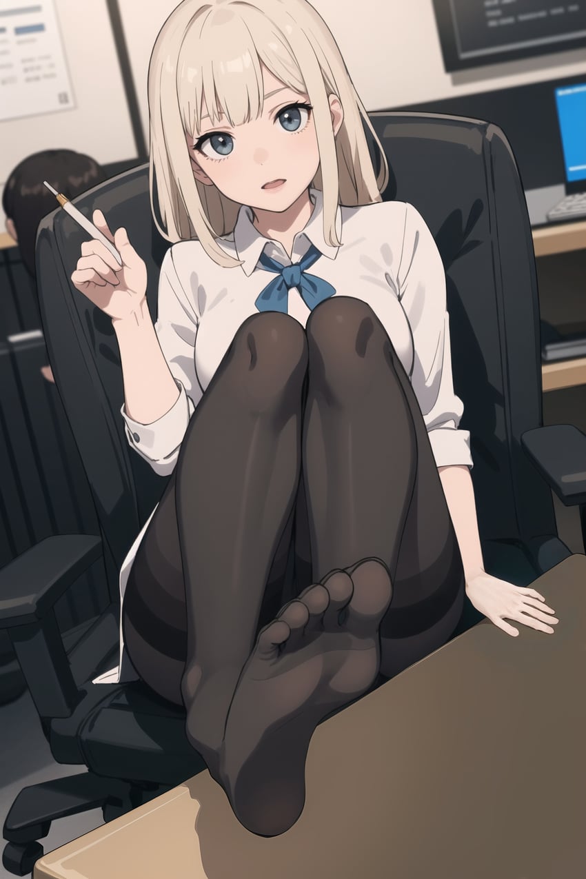 1girl, bangs, black_pantyhose, blonde_hair, blue_bow, blunt_bangs, blurry, blurry_background