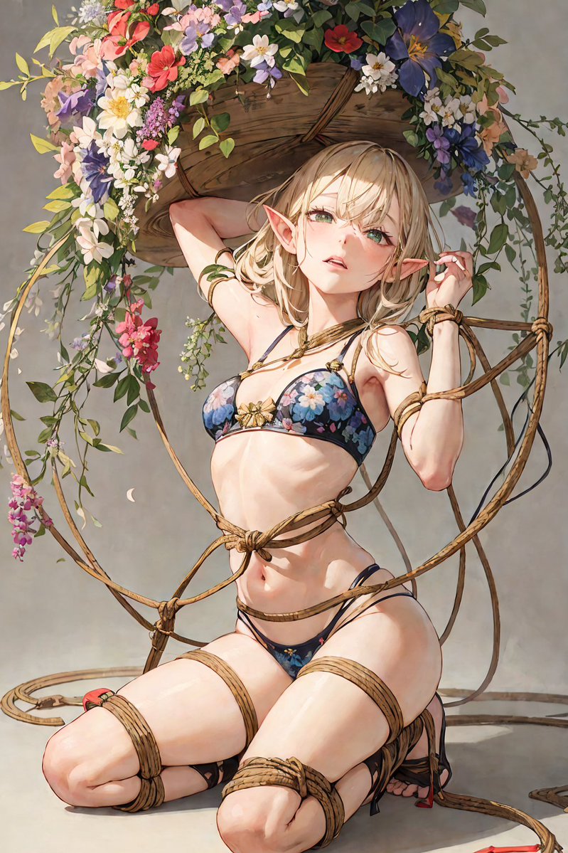 1girl, amamori, arched_back, arm_up, armpits, basket, bdsm, blonde_hair, blue_bra, blue_panties, blush, bondage, bound, bound_legs, bound_wrists, bra, breasts, elf, feet, floral_print, flower, full_body, green_hair, grey_background, kneeling, looking_at_viewer, metadata_request, midriff, model_request, navel, original, panties, plant, pointy_ears, shibari, simple_background, small_breasts, solo, underwear, vine_bondage, vines