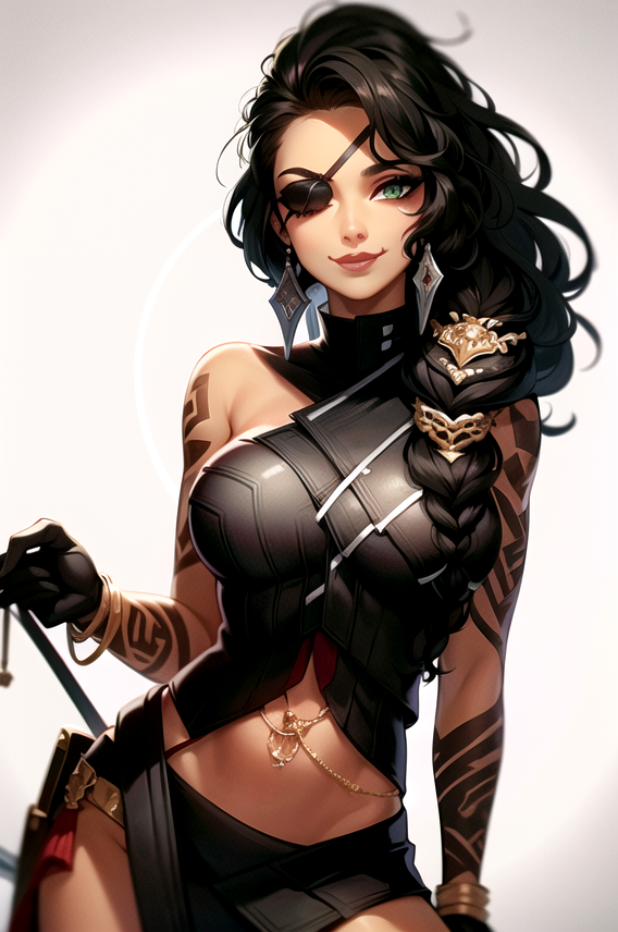 1girl, anythingelse, arm_tattoo, bangle, bare_shoulders, black_gloves, black_hair, bracelet, braid, breasts, closed_mouth, contrapposto, cowboy_shot, earrings, eyepatch, gloves, green_eyes, hair_over_shoulder, halterneck, holding, jewelry, large_breasts, league_of_legends, lips, lipstick, long_hair, looking_at_viewer, lora, makeup, midriff, navel, one_eye_covered, samira_(league_of_legends), shoulder_tattoo, simple_background, single_braid, sleeveless, smile, solo, standing, tattoo, weapon, white_background, yukii