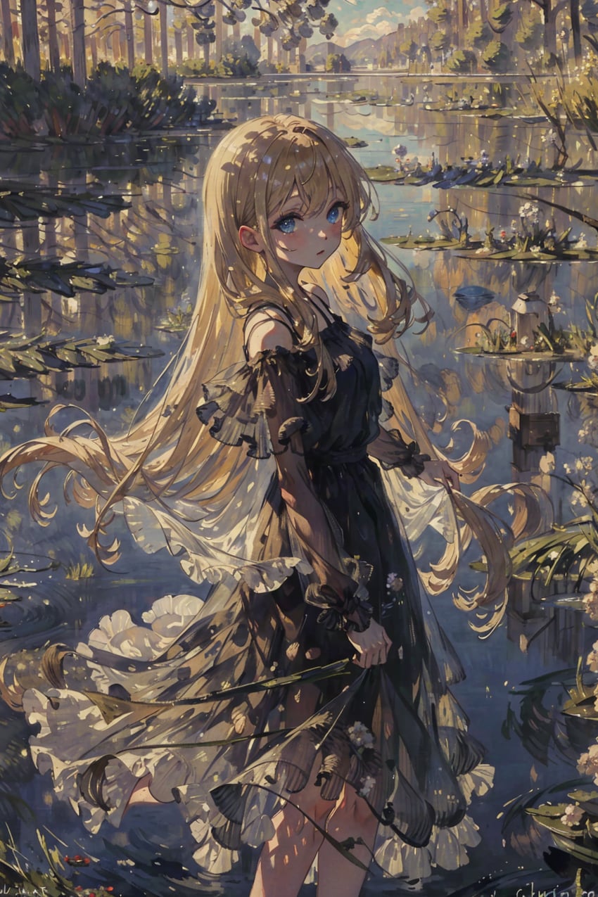 1girl, backlighting, bangs, bare_shoulders, black_dress, blonde_hair, blue_eyes, breasts