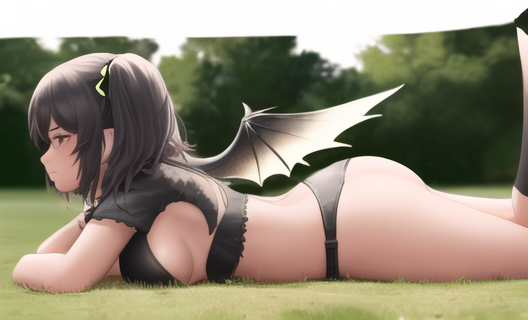 1girl, anythingelse, ass, bangs, bat_wings, black_bra, black_hair, black_panties