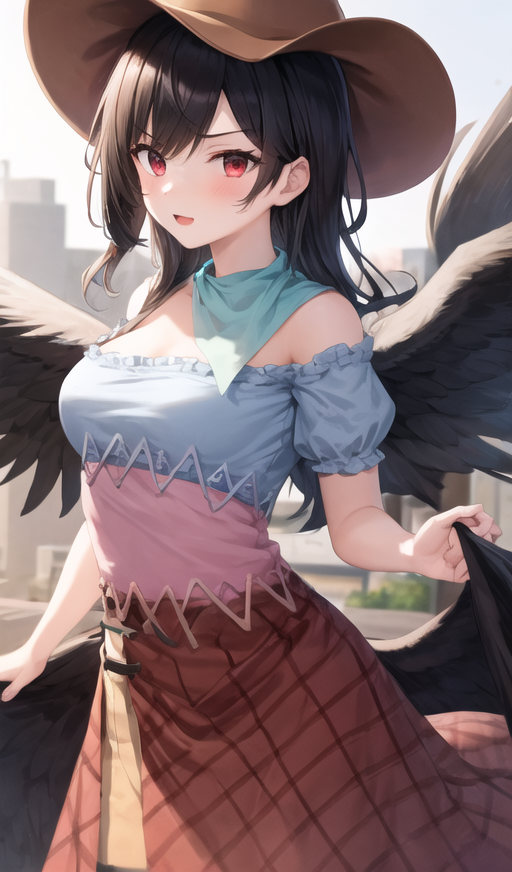 1girl, anything_(model), bad_link, bandana, black_hair, black_wings, blue_bandana, breasts