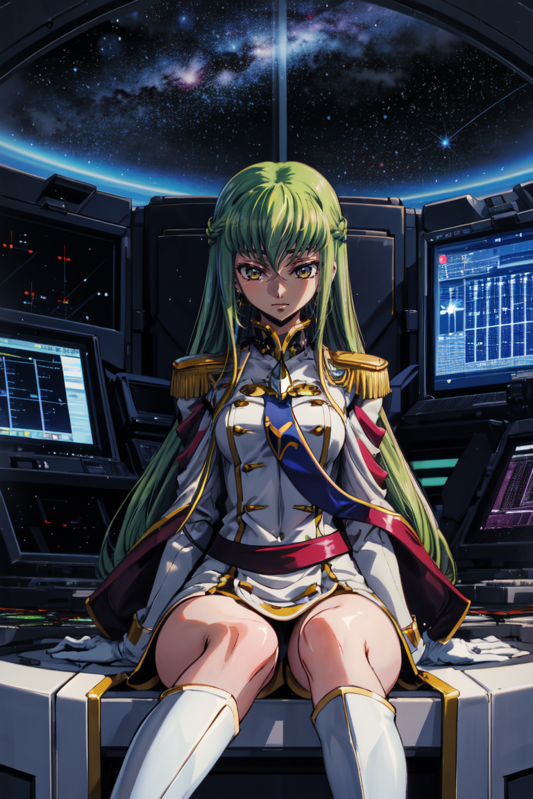 1girl, adetailer, aiguillette, alternate_costume, arm_support, ascot, bangs, belt