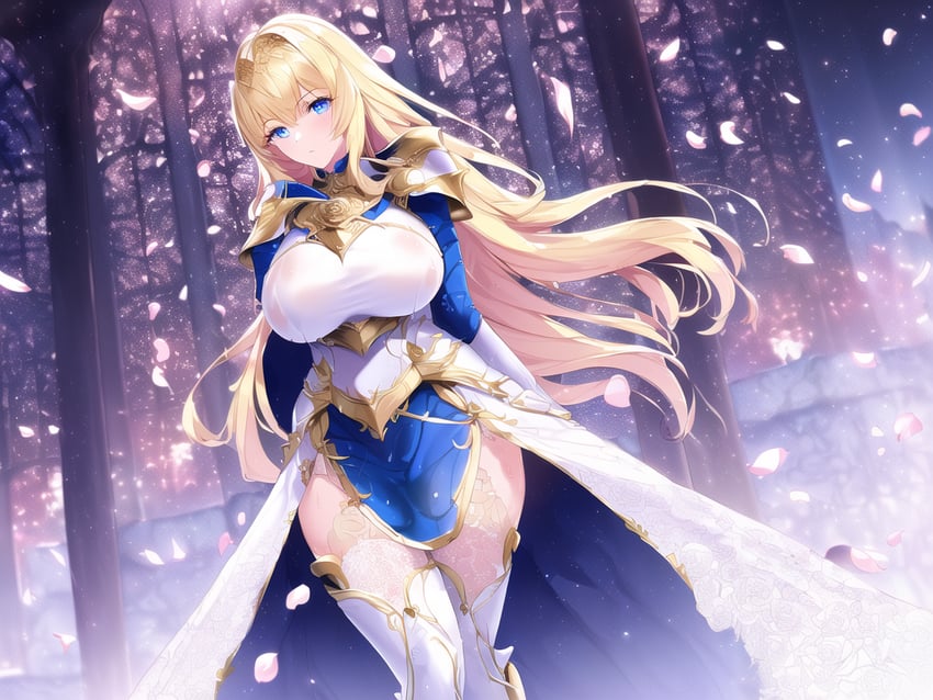 1girl, artist_request, blonde_hair, blue_eyes, blurry, breasts, building, cape