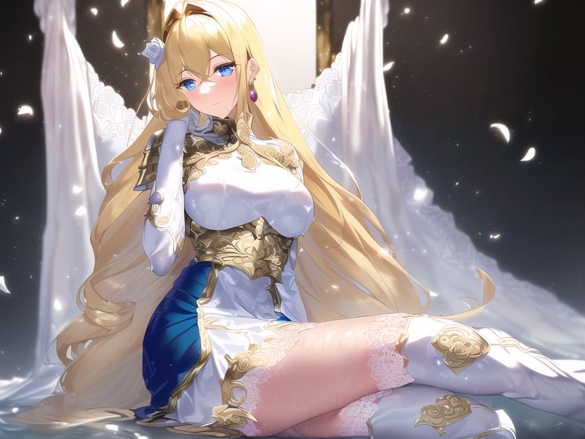 1girl, armor, artist_request, blonde_hair, blue_eyes, blurry, breasts, cape, depth_of_field, edith_(iron_saga), gloves, iron_saga, jewelry, long_hair, looking_at_viewer, non-web_source, novelai, petals, solo, very_long_hair