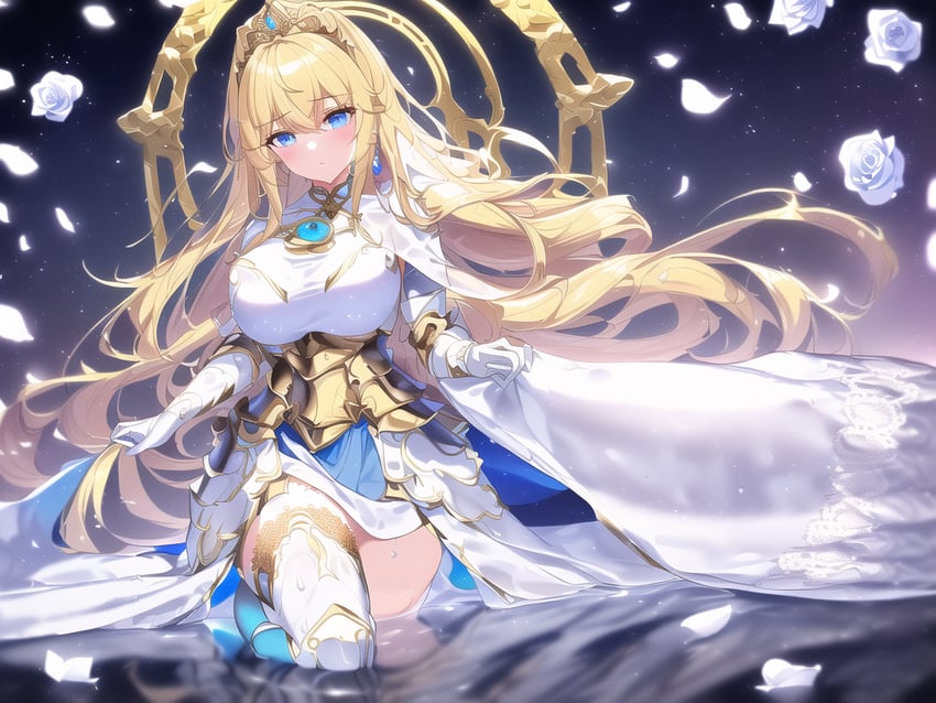 1girl, artist_request, blonde_hair, blue_eyes, blurry, breasts, depth_of_field, dress