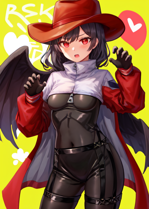 1girl, alternate_costume, bangs, black_bodysuit, black_gloves, black_hair, black_wings, blush