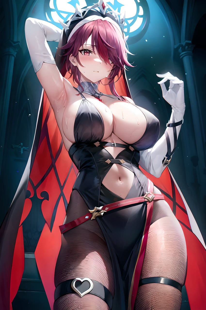 1girl, absurdres, arm_up, armpits, bangs, black_dress, blush, breasts