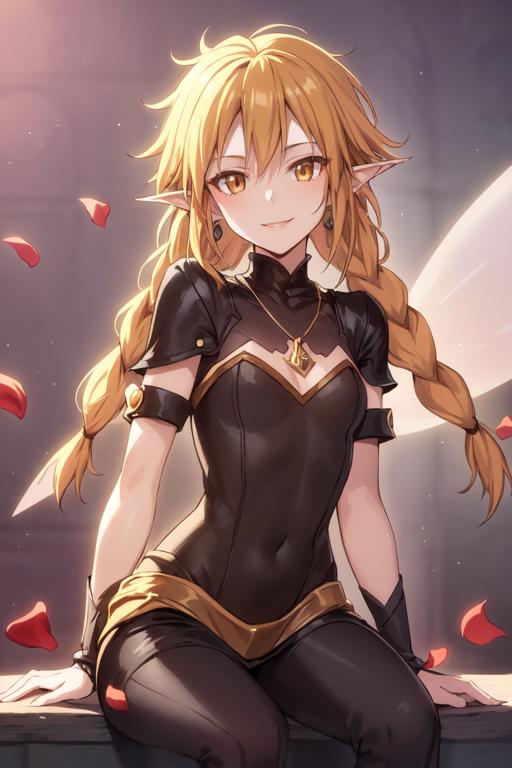 1girl, amore, blonde_hair, braid, closed_mouth, covered_navel, earrings, eternal2kpp