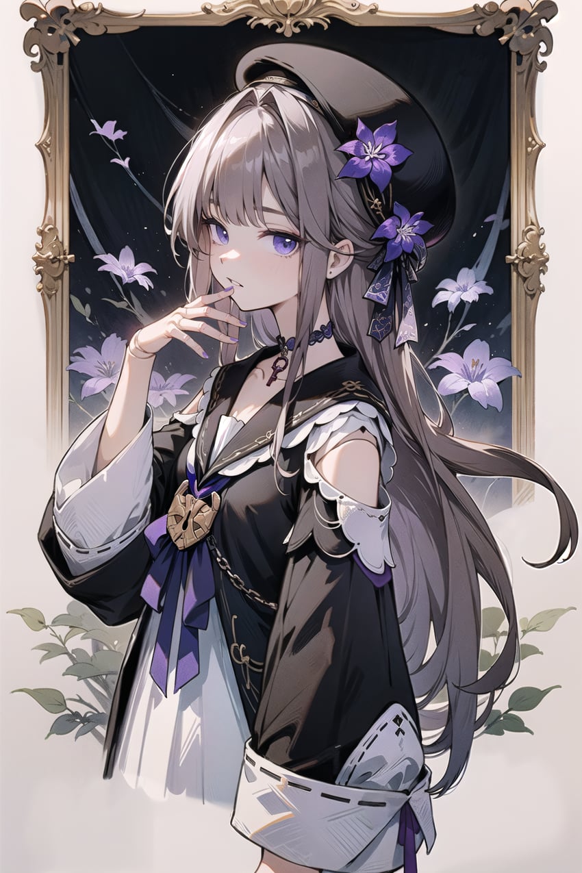 1girl, black_dress, black_headwear, commentary_request, detached_sleeves, doll_joints, dress, flower