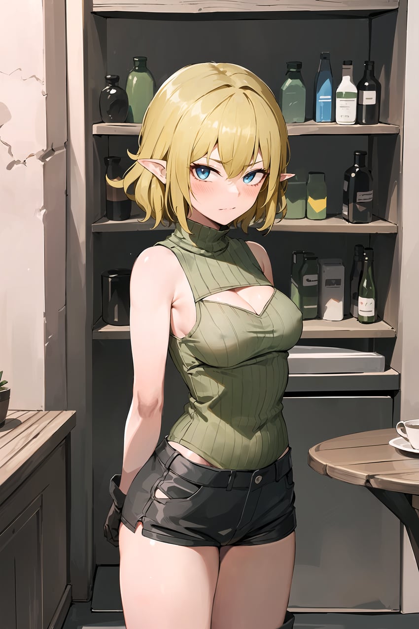1girl, absurdres, arms_behind_back, bare_shoulders, black_gloves, black_shorts, blonde_hair, blue_eyes