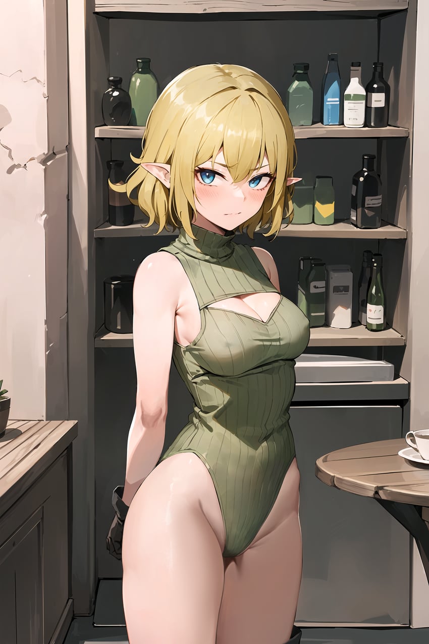 1girl, absurdres, arms_behind_back, bare_shoulders, blonde_hair, blue_eyes, blush, breasts