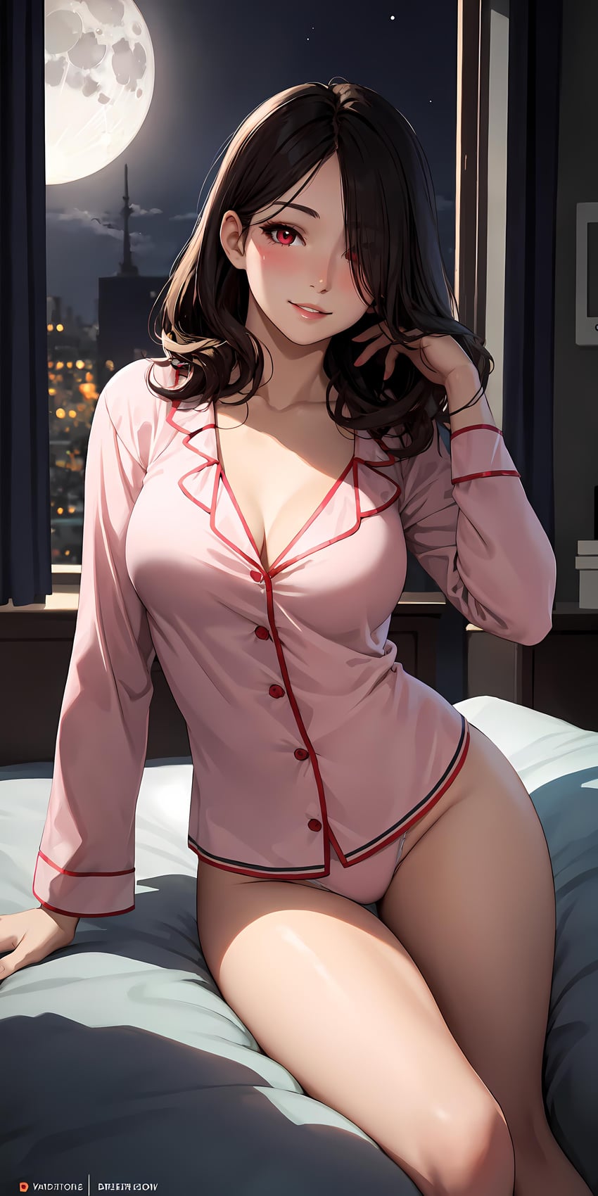 1girl, absurdres, arm_support, bangs, bed, black_hair, blush, bottomless