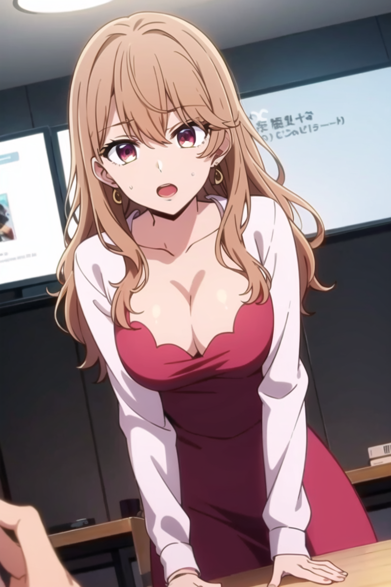1girl, bangs, breasts, brown_hair, cleavage, collarbone, dress, earrings, hair_between_eyes, heart, heart_earrings, indoors, jewelry, large_breasts, leaning_forward, long_hair, long_sleeves, looking_at_viewer, lora, model_request, nude, open_mouth, oshi_no_ko, pov, pov_hands, red_dress, saitou_miyako, sansan, solo, sweatdrop