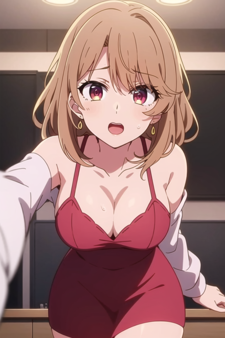 1girl, bangs, bare_shoulders, blush, breasts, brown_hair, cleavage, collarbone, cowboy_shot, dress, earrings, hair_between_eyes, indoors, jewelry, large_breasts, light_brown_hair, looking_at_viewer, lora, medium_hair, model_request, open_mouth, oshi_no_ko, reaching_towards_viewer, red_dress, red_eyes, saitou_miyako, sansan, solo