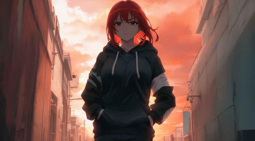 1girl, absurdres, adetailer, azuyan, black_pants, building, closed_mouth, controlnet