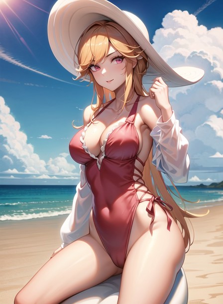 1girl, armpits, azur_lane, bare_shoulders, beach, blue_sky, breasts, casual_one-piece_swimsuit