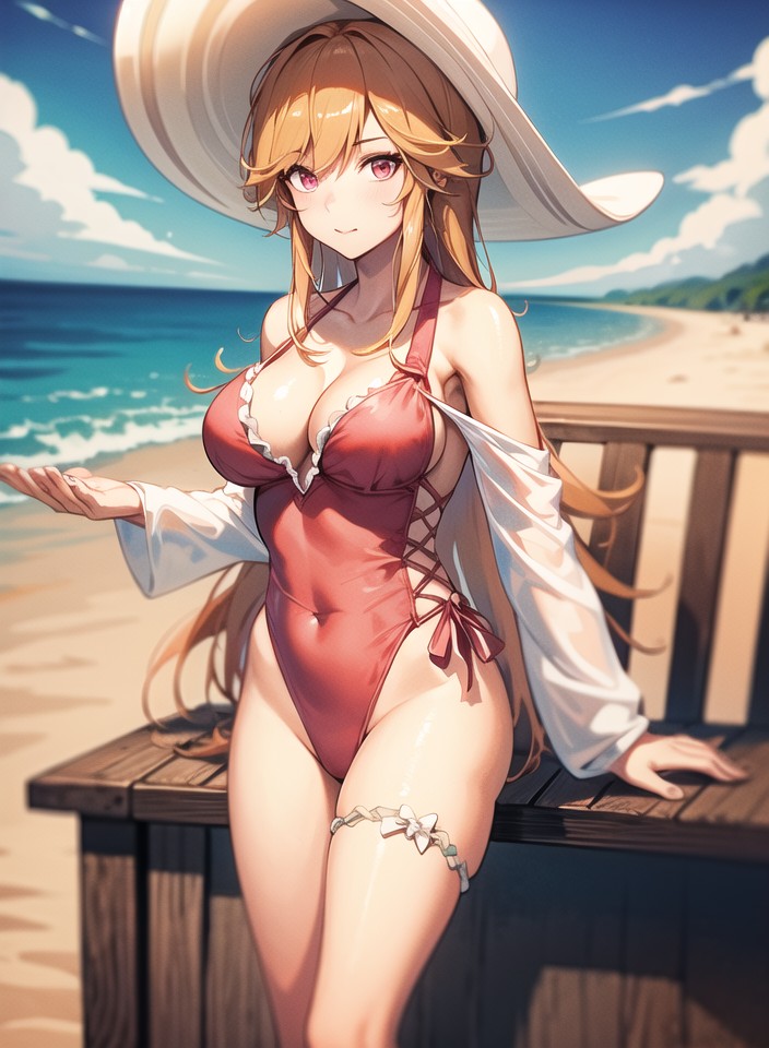 1girl, arm_support, azur_lane, bare_shoulders, beach, blue_sky, breasts, casual_one-piece_swimsuit
