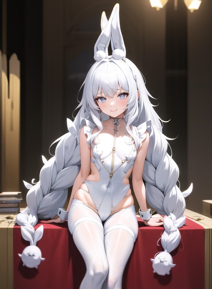 1girl, animal_ear_fluff, animal_ears, azur_lane, blue_eyes, blush, braid, breasts, closed_mouth, covered_navel, fake_animal_ears, feet_out_of_frame, groin, highleg, highleg_leotard, indoors, le_malin_(azur_lane), le_malin_(listless_lapin)_(azur_lane), leotard, long_hair, looking_at_viewer, lora, low_twin_braids, non-web_source, official_alternate_costume, pantyhose, playboy_bunny, rabbit_ears, self-upload, sitting, small_breasts, smile, solo, thigh_strap, thighs, tsu, twin_braids, very_long_hair, white_hair, white_leotard, white_pantyhose, wrist_cuffs, yesmix