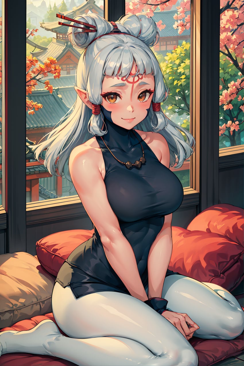 1girl, anylora, architecture, asdf8390, bangs, bare_shoulders, between_legs, blunt_bangs