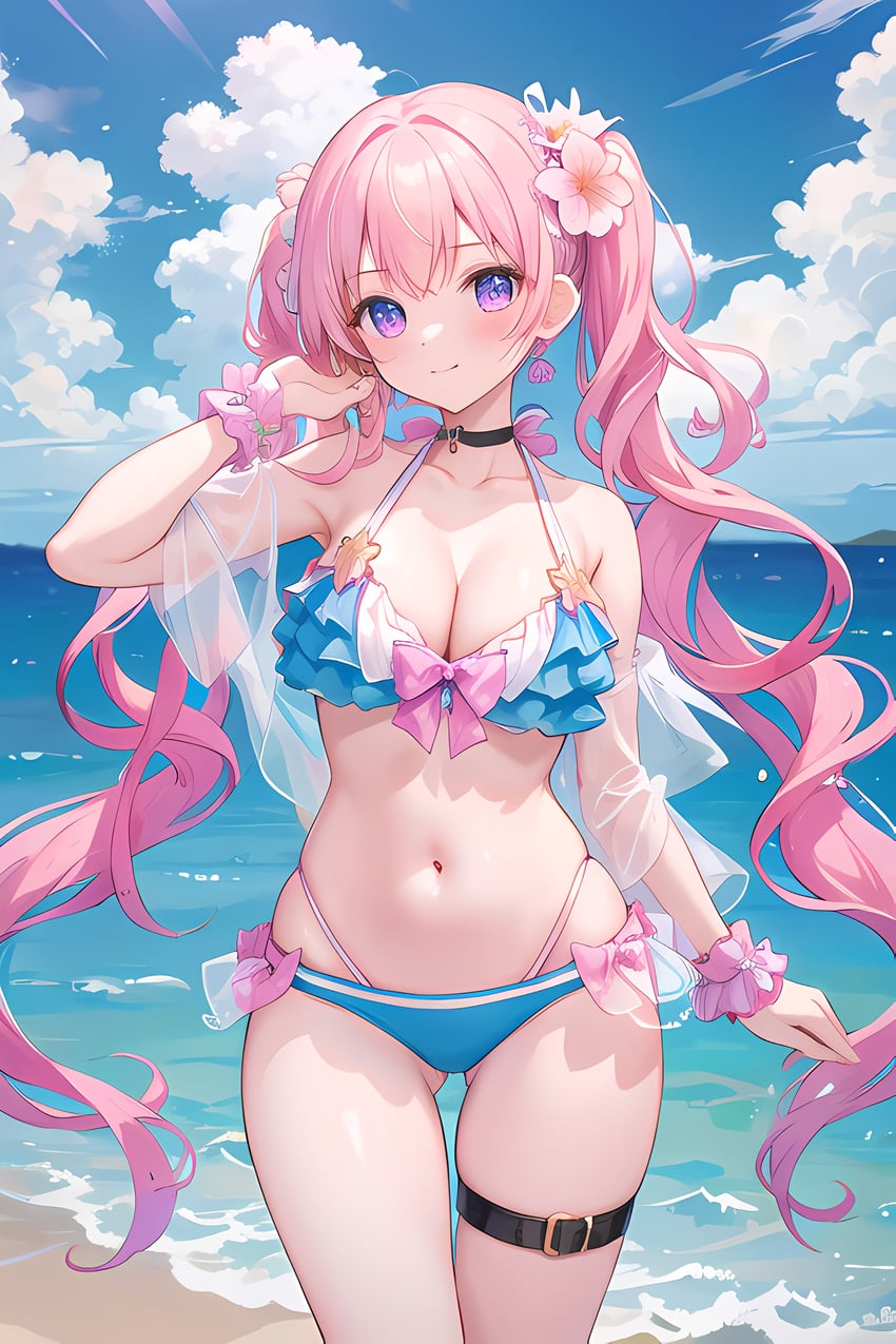 1girl, absurdres, ass_visible_through_thighs, bare_shoulders, bikini, blue_bikini, breasts, choker, cleavage, collarbone, flower, frilled_bikini, frills, hair_flower, hair_ornament, halterneck, highres, kaeshiro, large_breasts, long_hair, looking_at_viewer, metadata_request, model_request, navel, official_alternate_costume, outdoors, pink_hair, princess_connect!, purple_eyes, scrunchie, solo, stomach, string_bikini, swimsuit, thigh_gap, thigh_strap, tsumugi_(princess_connect!), tsumugi_(summer)_(princess_connect!), twintails, very_long_hair, wrist_scrunchie