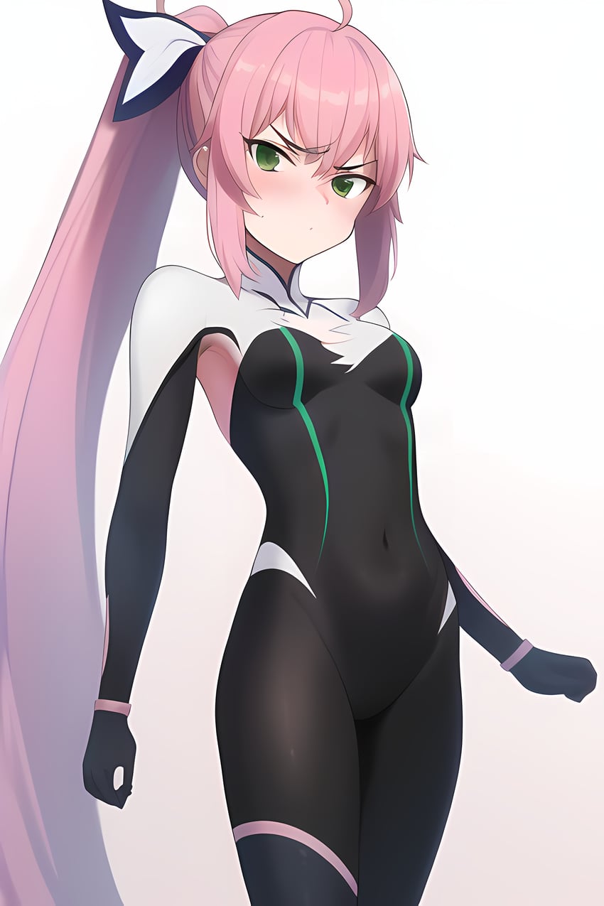 1girl, absurdres, ahoge, angry, armpits, arumi, bodysuit, breasts
