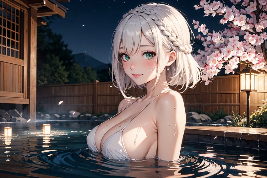 1girl, absurdres, aiayame51, bangs, bare_shoulders, bathing, bikini, blush