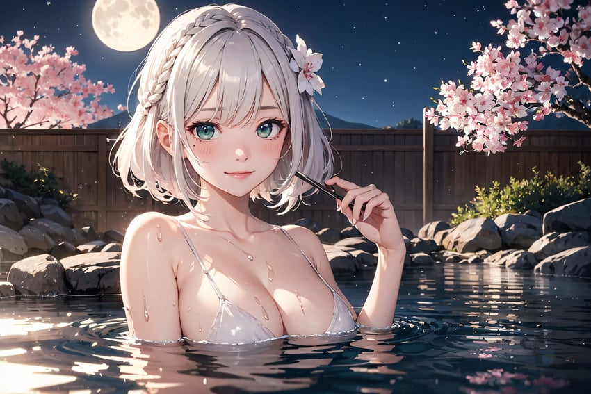 1girl, absurdres, aiayame51, bangs, bare_shoulders, bathing, bikini, blush, braid, breasts, cherry_blossoms, cherry_tree, cleavage, closed_mouth, collarbone, crown_braid, fence, flower, full_moon, green_eyes, hair_flower, hair_ornament, hand_up, highres, hololive, lamp, large_breasts, light_smile, lips, looking_at_viewer, medium_hair, metadata_request, model_request, mole, moon, night, night_sky, onsen, outdoors, partially_submerged, pink_flower, rock, shirogane_noel, short_hair, sky, smile, solo, star_(sky), starry_sky, strap_gap, swimsuit, tree, upper_body, virtual_youtuber, water, wet, white_bikini, white_flower, white_hair, wooden_fence