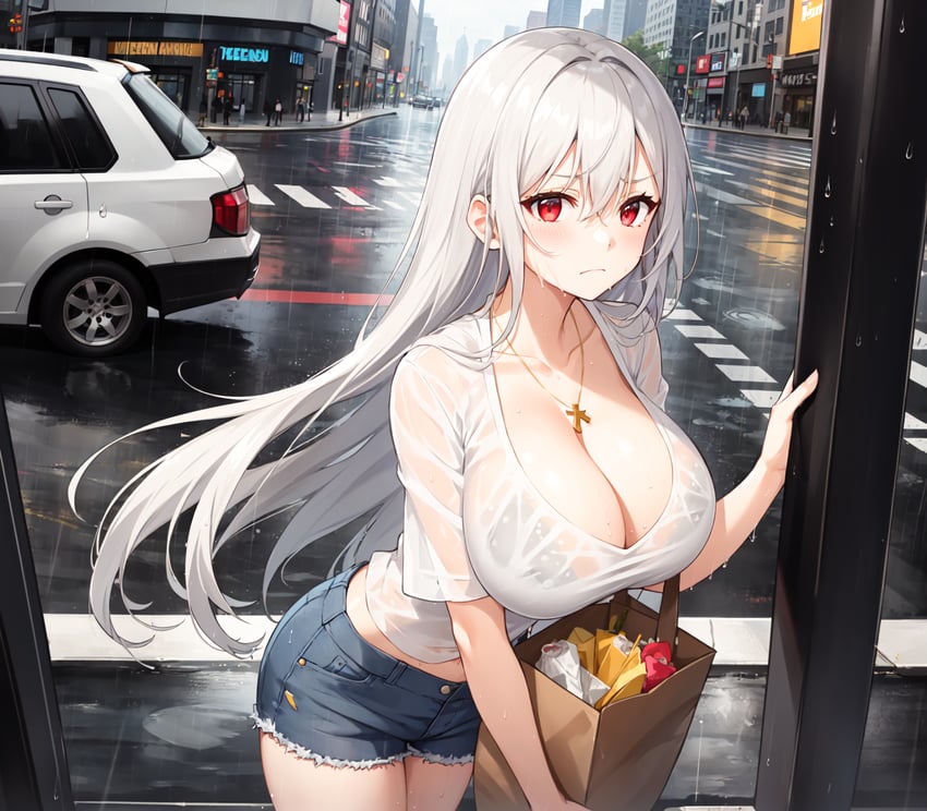 1girl, absurdres, bag, black_bra, blue_shorts, blush, bra, bra_visible_through_clothes