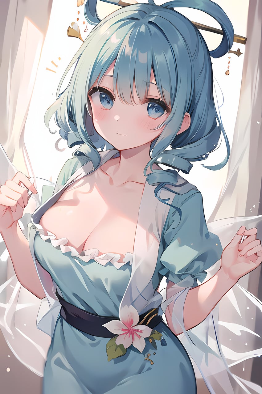 1girl, absurdres, aqua_dress, bangs, belt, blue_dress, blue_eyes, blue_hair
