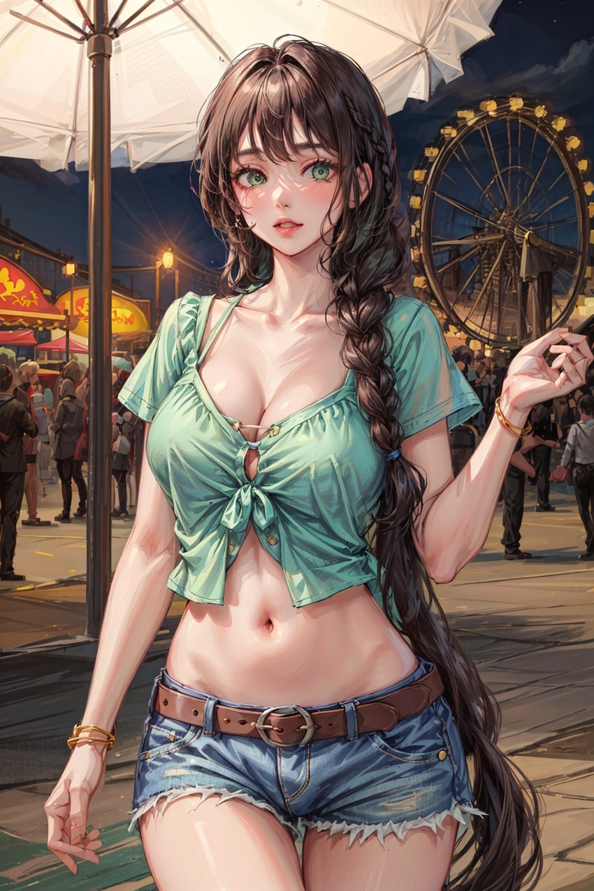 1girl, belt, blush, bracelet, braid, breasts, brown_belt, brown_hair