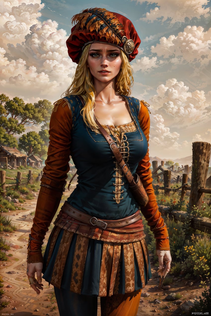 1girl, absurdres, arms_at_sides, bag, belt, blonde_hair, blue_eyes, breasts