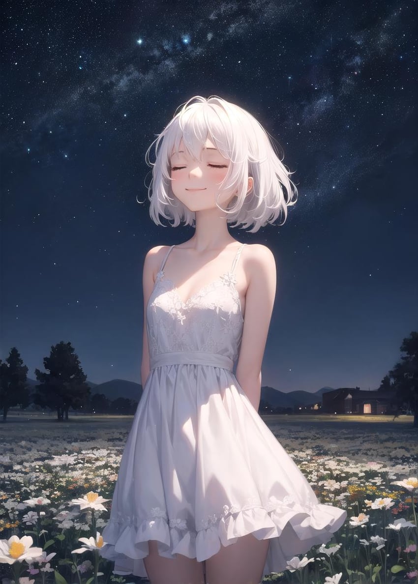 1girl, arms_behind_back, bangs, bare_arms, bare_shoulders, bird, blush, breasts, building, closed_eyes, closed_mouth, cloud, collarbone, cowboy_shot, dress, facing_viewer, field, flower, flower_field, frilled_dress, frills, hair_between_eyes, ikena, mountainous_horizon, nature, night, night_sky, original, outdoors, scenery, short_hair, sky, sleeveless, sleeveless_dress, small_breasts, smile, solo, spaghetti_strap, standing, star_(sky), starry_sky, sundress, tree, water, white_dress, white_flower, white_hair, yuzu