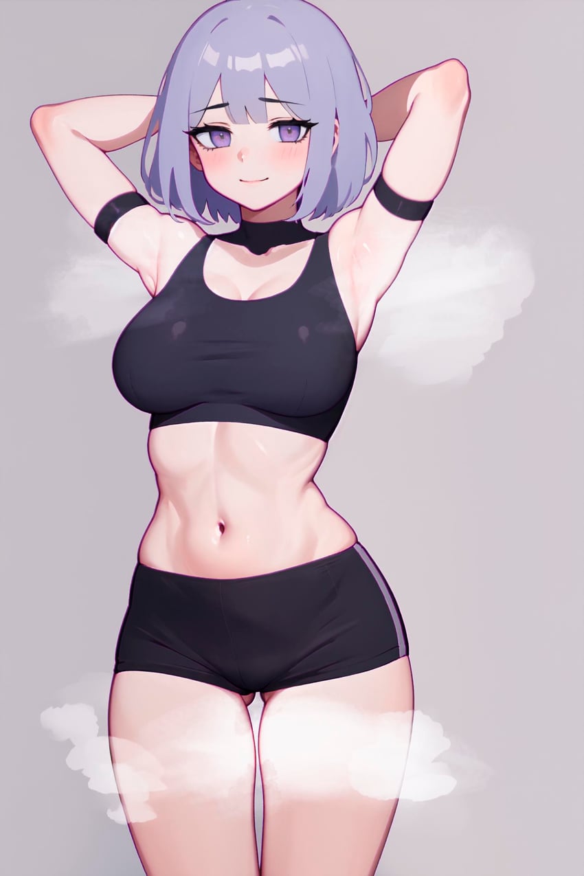 1girl, absurdres, arms_behind_head, arms_up, atla, bangs, bare_shoulders, bike_shorts, black_bra, black_shorts, black_tank_top, blush, bra, breasts, closed_mouth, collarbone, crop_top, girls'_frontline, grey_background, grey_hair, highres, large_breasts, looking_at_viewer, lora, macross_(model), midriff, navel, purple_eyes, rpk-16_(girls'_frontline), self-upload, short_hair, shorts, simple_background, smile, solo, sports_bra, sportswear, standing, steaming_body, stomach, tank_top, thighs, underwear, wide_hips