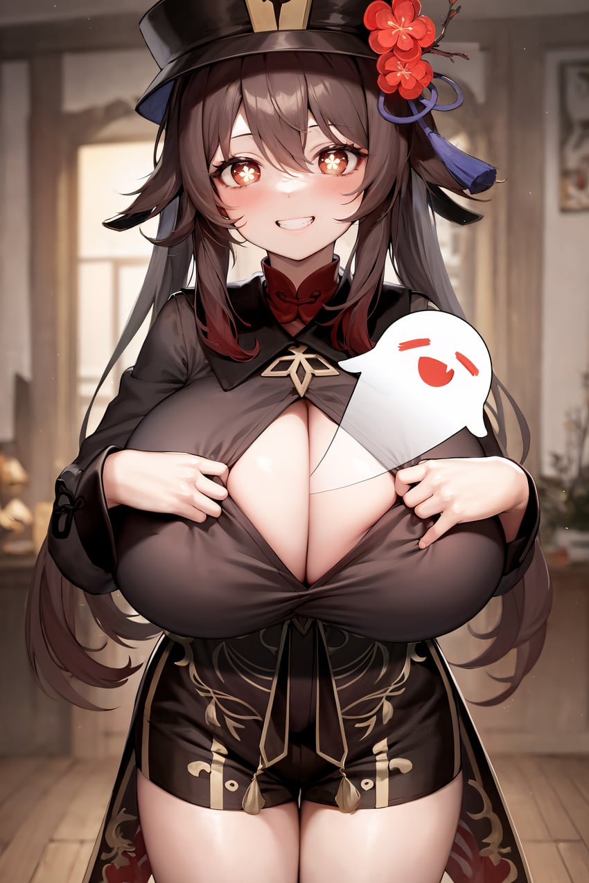 1girl, absurdres, alternate_breast_size_(larger), black_headwear, black_shorts, blurry, blurry_background, boo_tao_(genshin_impact)