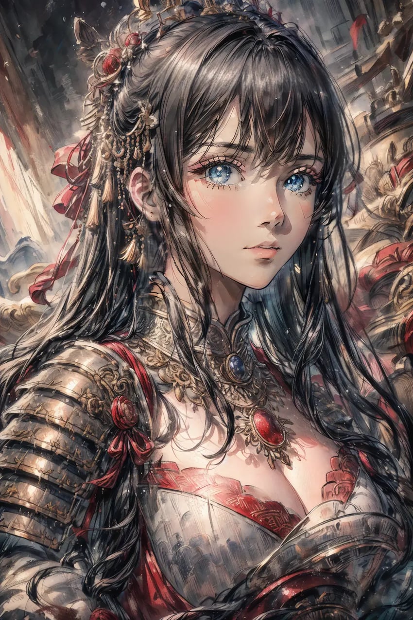 1girl, armor, armored_dress, bangs, black_hair, blue_eyes, blurry, blurry_background, blush, breastplate, breasts, brooch, cleavage, cleavage_cutout, closed_mouth, clothing_cutout, dress, earrings, expressionless, eyelashes, faux_painting, faux_traditional_media, faux_watercolor, gem, grey_eyes, hair_between_eyes, hair_bun, hair_ornament, hair_ribbon, hua_mulan, jewelry, knight, lips, long_hair, looking_at_viewer, lora, medium_breasts, necklace, nishui_han, painterly, pauldrons, red_gemstone, red_ribbon, ribbon, sanxianwonton, shoulder_armor, sidelocks, solo, upper_body, white_dress, whiterstudioai