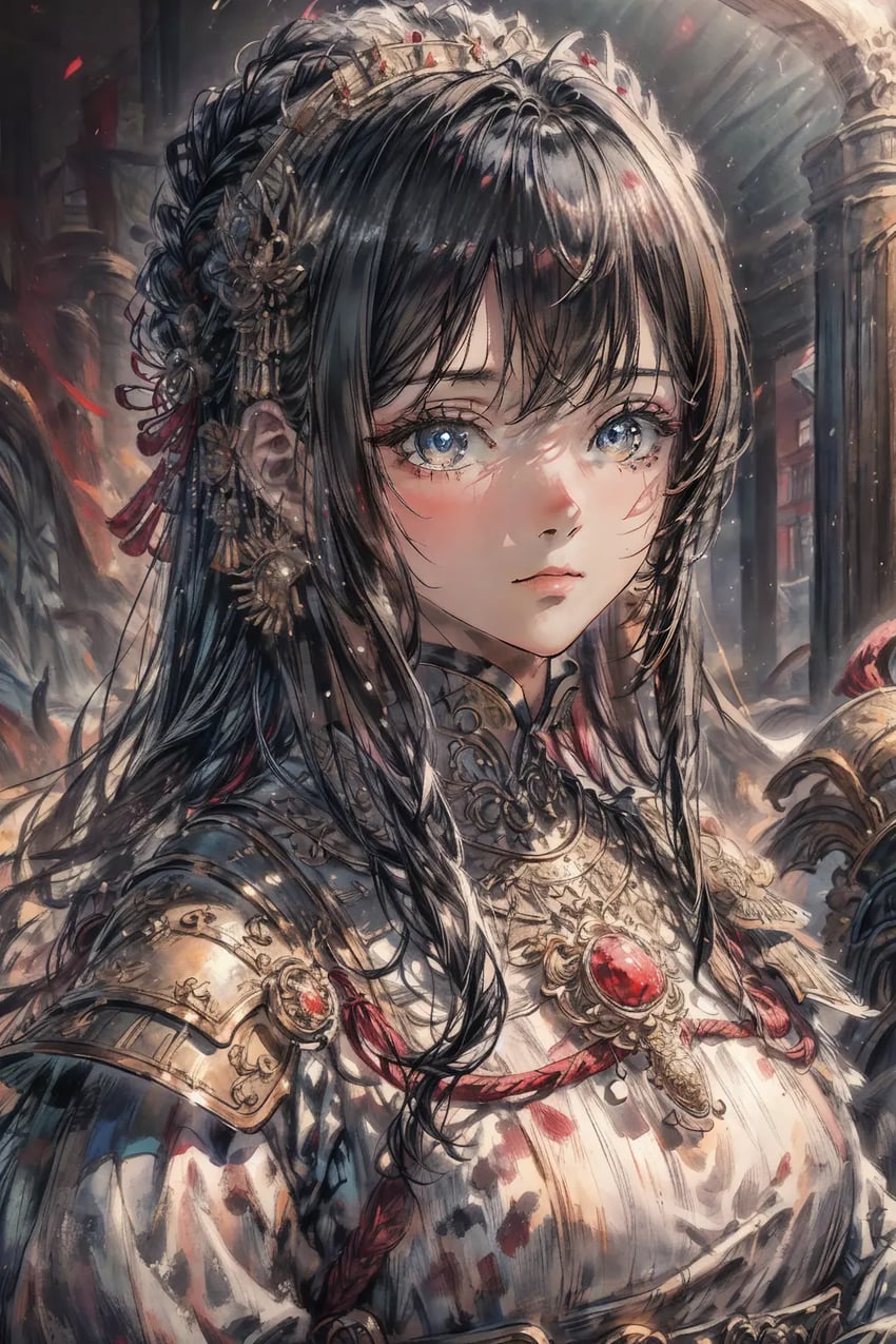 1girl, armor, bangs, black_hair, blood, blue_eyes, blurry, blurry_background