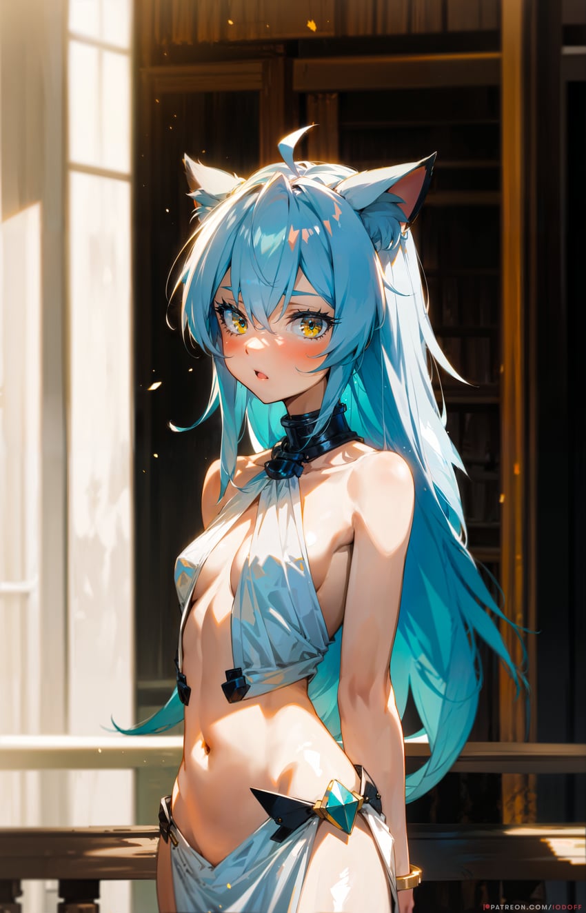 1girl, absurdres, ahoge, aina_(iodoff), alternate_costume, animal_ear_fluff, animal_ears, arms_behind_back