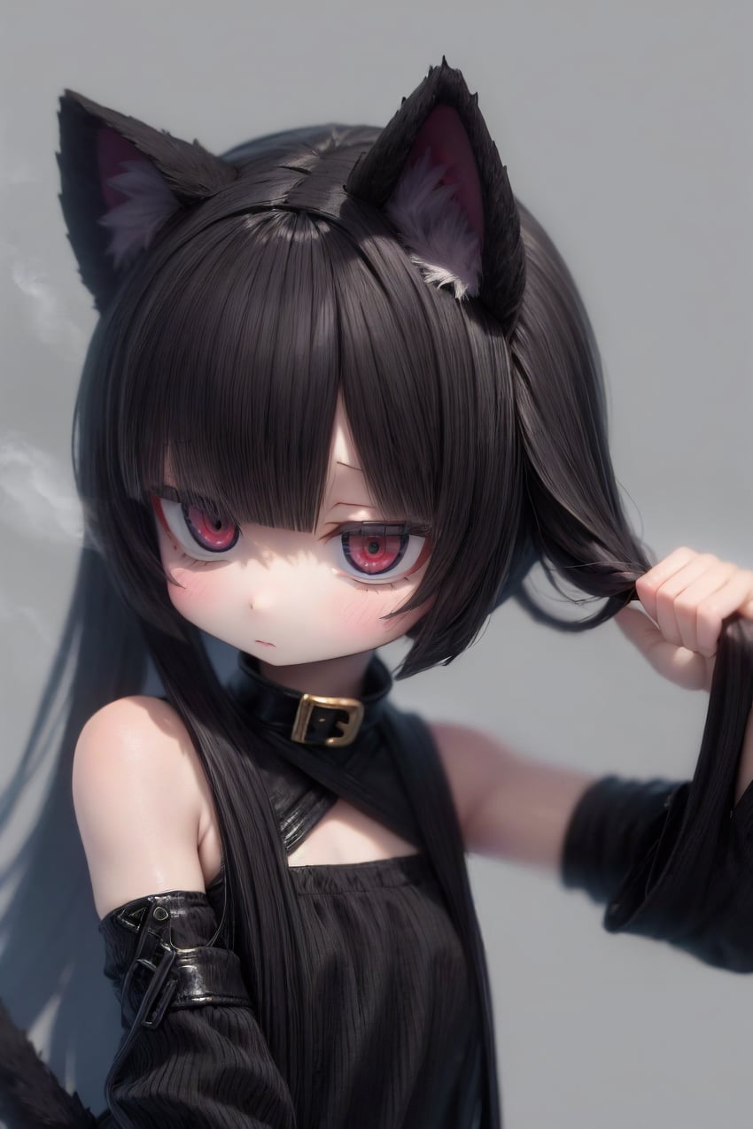1girl, :|, animal_ear_fluff, animal_ears, arm_up, bad_id, bad_pixiv_id, bangs, bare_shoulders, black_collar, black_hair, black_shirt, black_sleeves, blunt_bangs, blurry, cat_ears, cat_girl, closed_mouth, collar, depth_of_field, detached_sleeves, expressionless, flat_chest, grey_background, hair_lift, hand_in_own_hair, highres, holding, holding_hair, jitome, long_hair, looking_at_viewer, ninekey, ninekeymix, original, red_eyes, shirt, simple_background, solo, straight_hair, upper_body